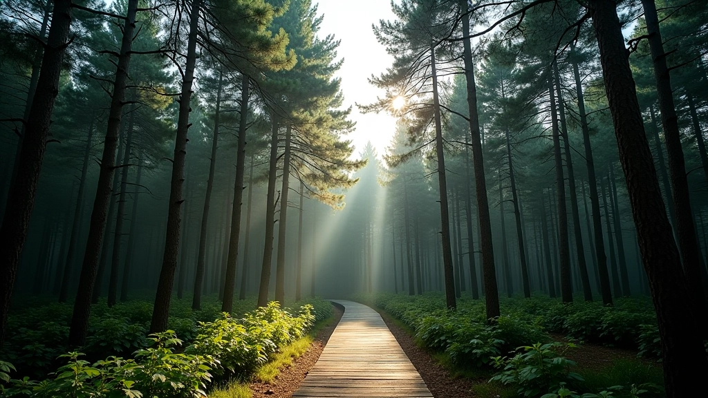 Dense pine forest canopy creating natural shade and cool forest environment with filtered light creating atmospheric forest setting