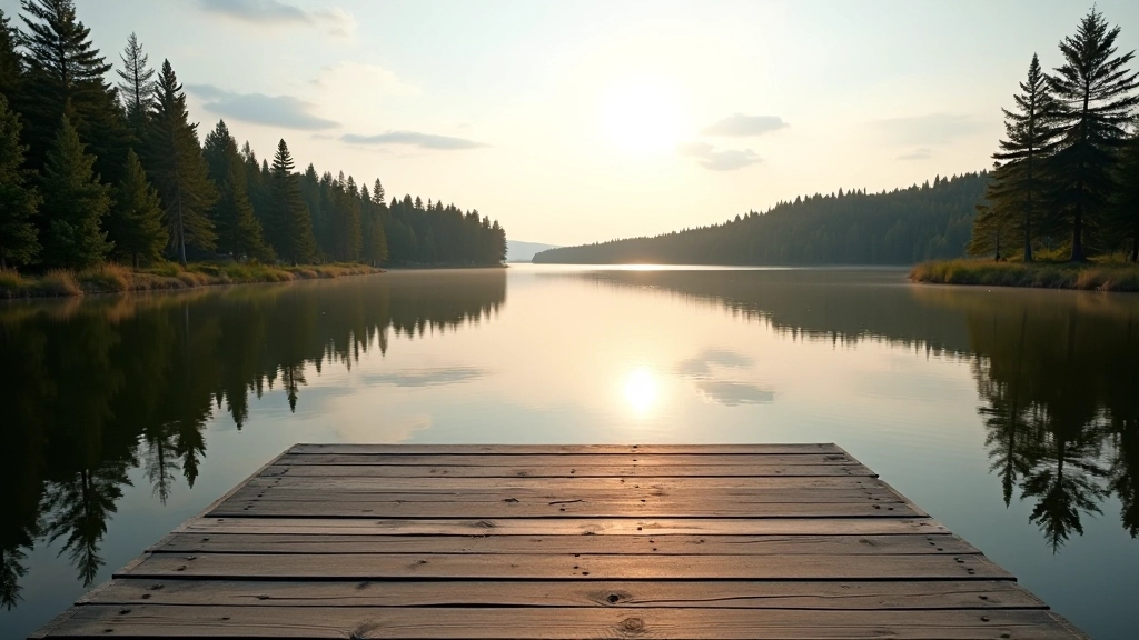Serene lake view from elevated boardwalk viewpoint, calm water reflecting sky, forest framing the scene, peaceful outdoor environment
