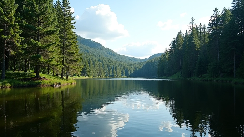 Serene forest lake view framed by tall pine trees with clear water and natural woodland surroundings creating a peaceful scene