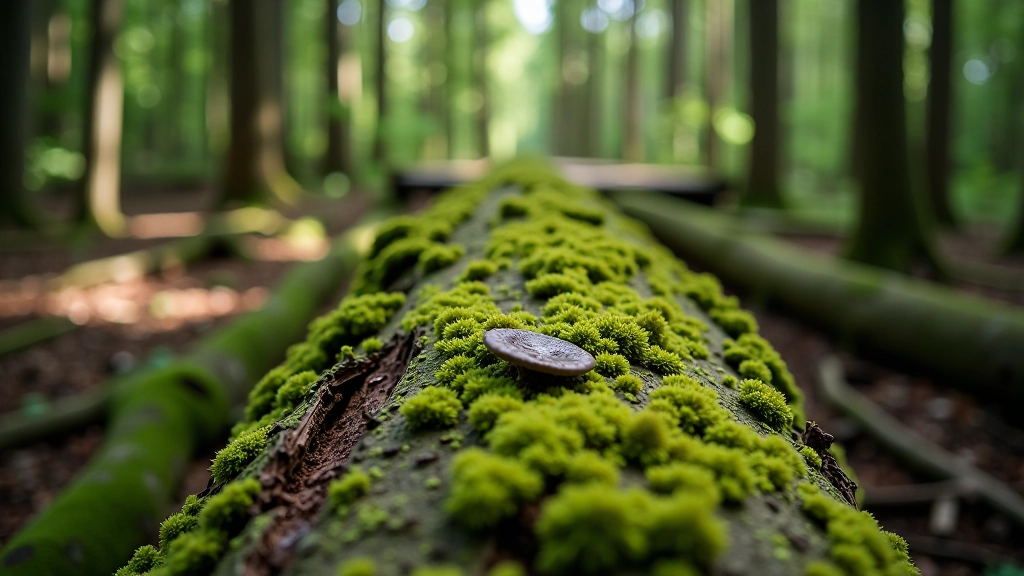 Dead wood and fallen logs covered in moss and mushrooms, showing decomposition process in forest ecosystem
