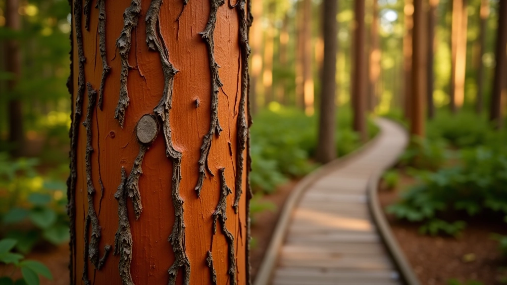 Close-up of Scots pine trunk showing reddish-orange bark texture and needle clusters, forest background softly blurred