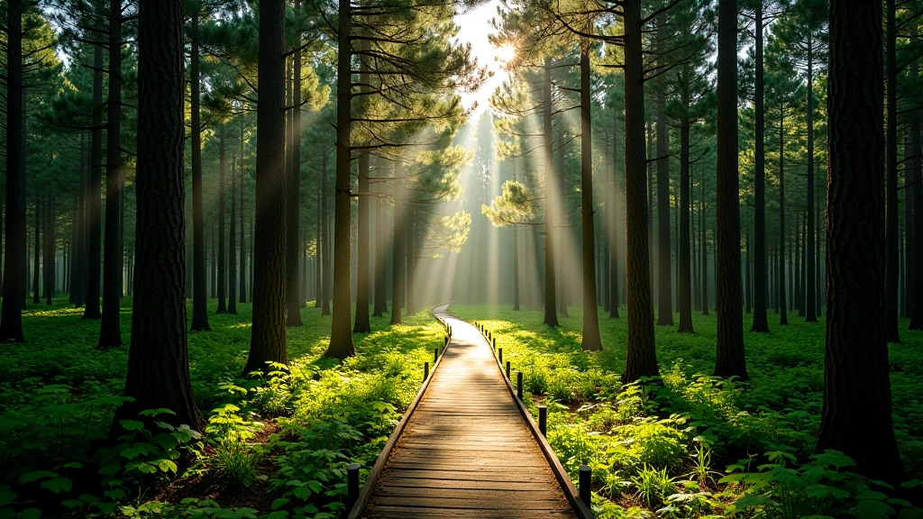 Pine forest canopy with sunlight filtering through the branches, creating dappled light on the forest floor