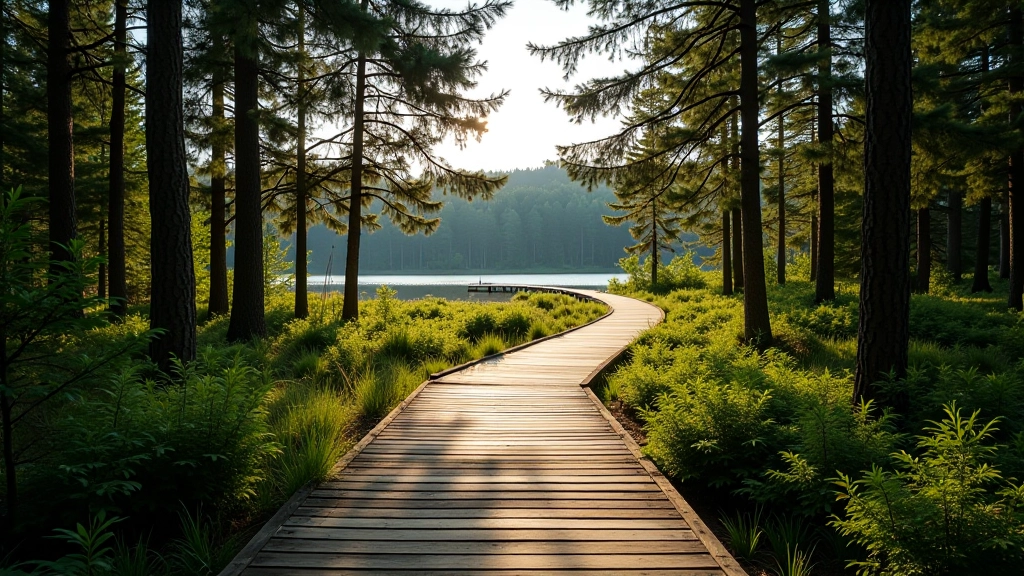 Forest boardwalk with lake view
