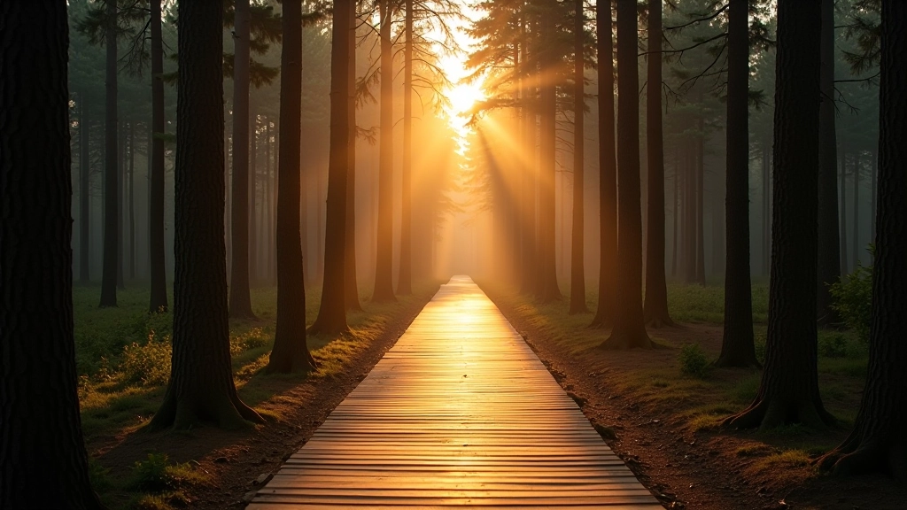 Forest boardwalk early morning with soft golden light and fewer visitors, peaceful atmosphere
