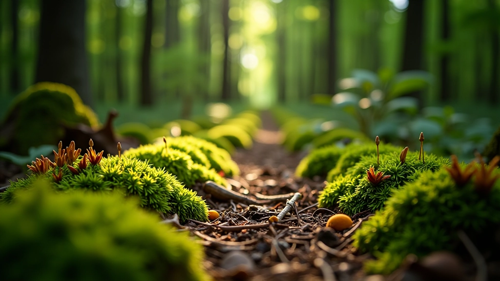 Forest floor covered with moss, fallen pine needles, and small green plants creating a dense carpet texture, dappled sunlight