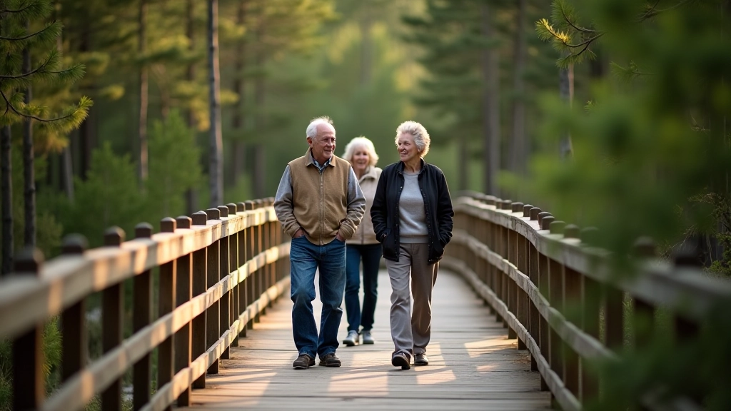 Group of people walking on a boardwalk trail