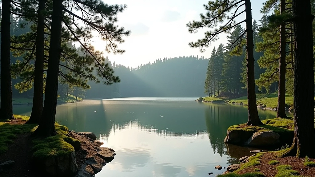 Serene lake visible through pine trees, calm water reflecting sky and forest vegetation