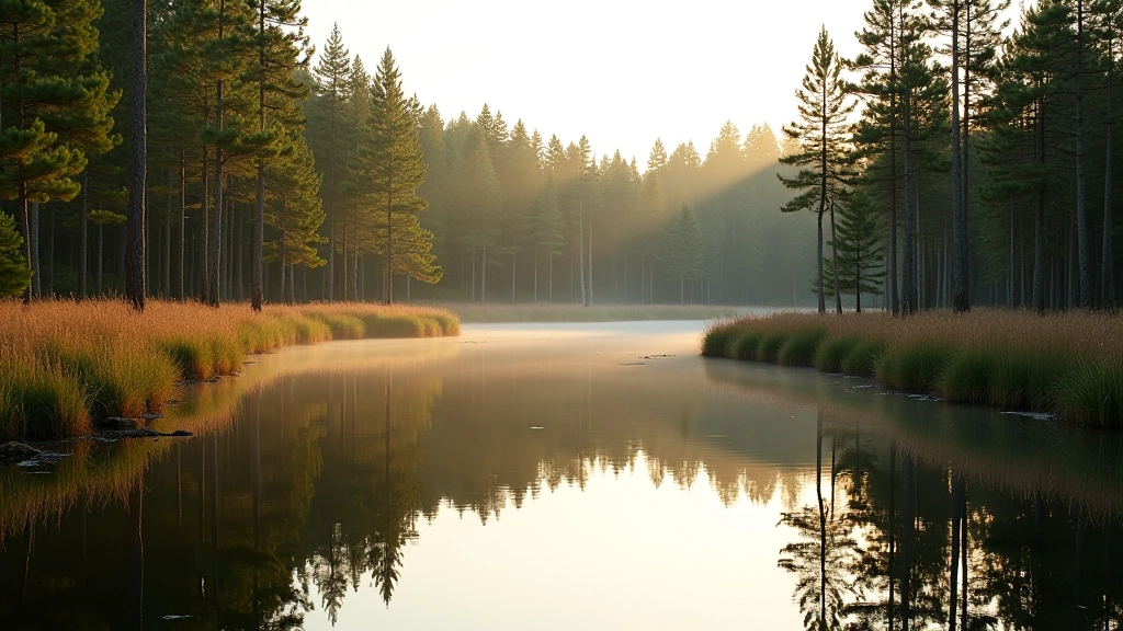 Small forest lake surrounded by pine trees, still water reflecting sky and trees, cattails growing at water's edge, serene landscape