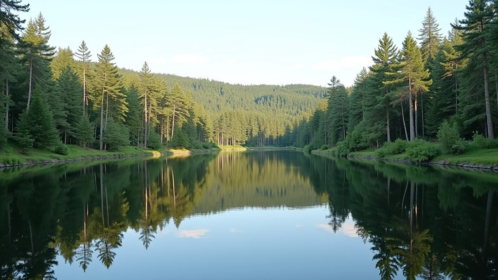 Forest reflection in calm lake water, pine trees mirrored perfectly, clear sky, serene natural lighting