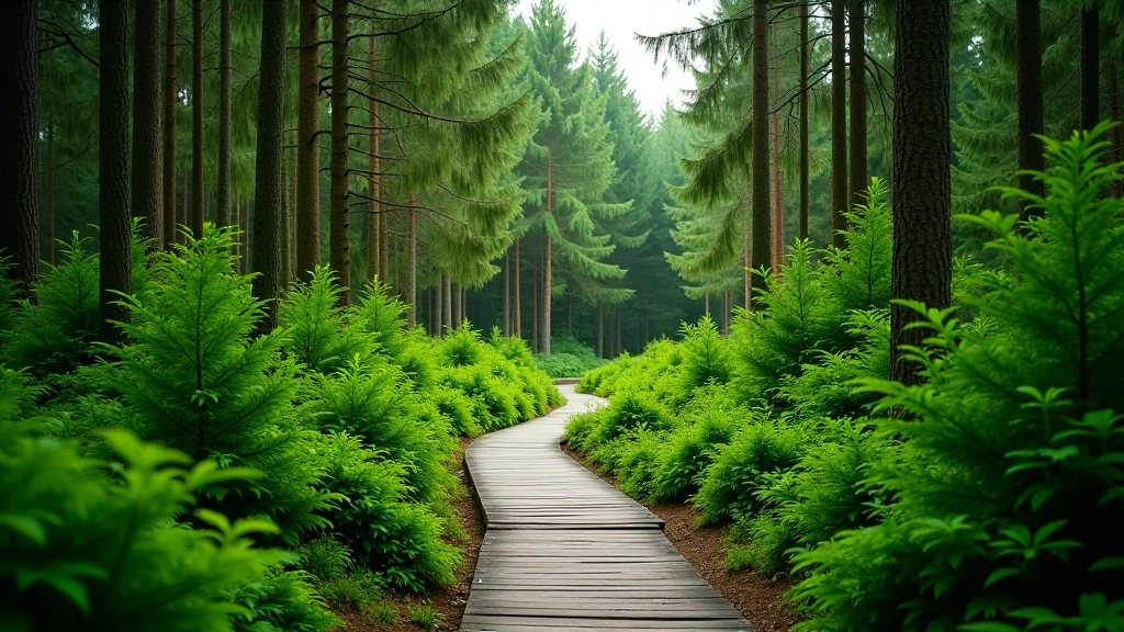 Close-up of lush green forest vegetation and pine trees showing ecological diversity and natural habitat preservation