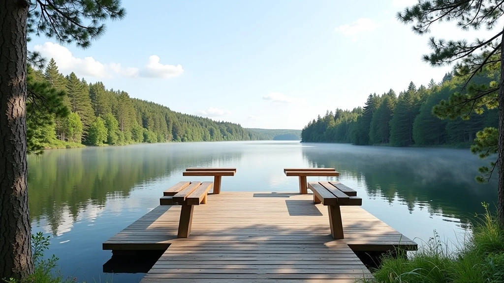 Scenic lake viewpoint accessible from a wooden boardwalk with benches for resting