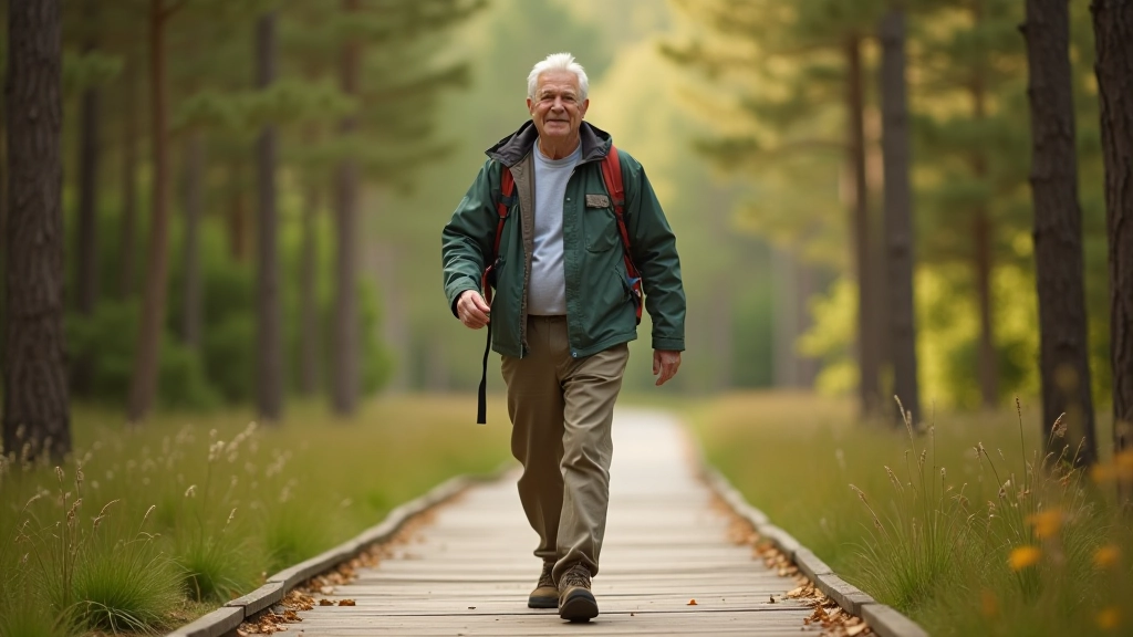 Person walking slowly on a wooden boardwalk path through green pine forest, relaxed posture, natural daylight