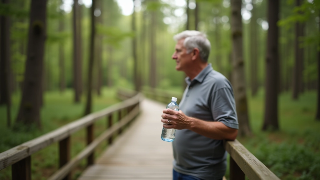 Person drinking from water bottle during forest walk, hydration break moment