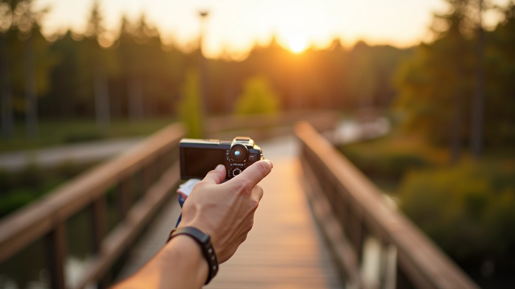 Photographer holding camera at lake viewpoint platform, adjusting camera settings, golden hour lighting, calm water reflection