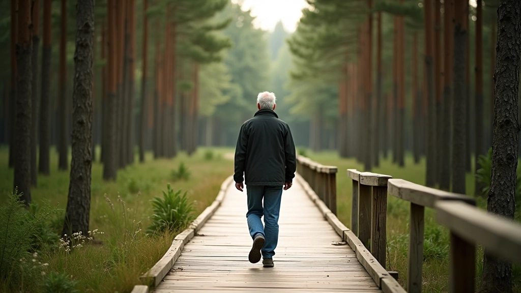 Person walking on boardwalk trail through pine forest, upper body view from behind showing peaceful woodland exploration
