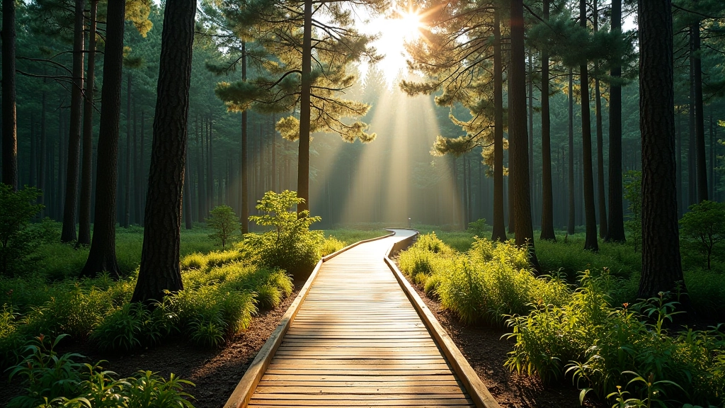 Pine forest boardwalk stretching through dense green trees, morning light filtering through canopy, peaceful walking path