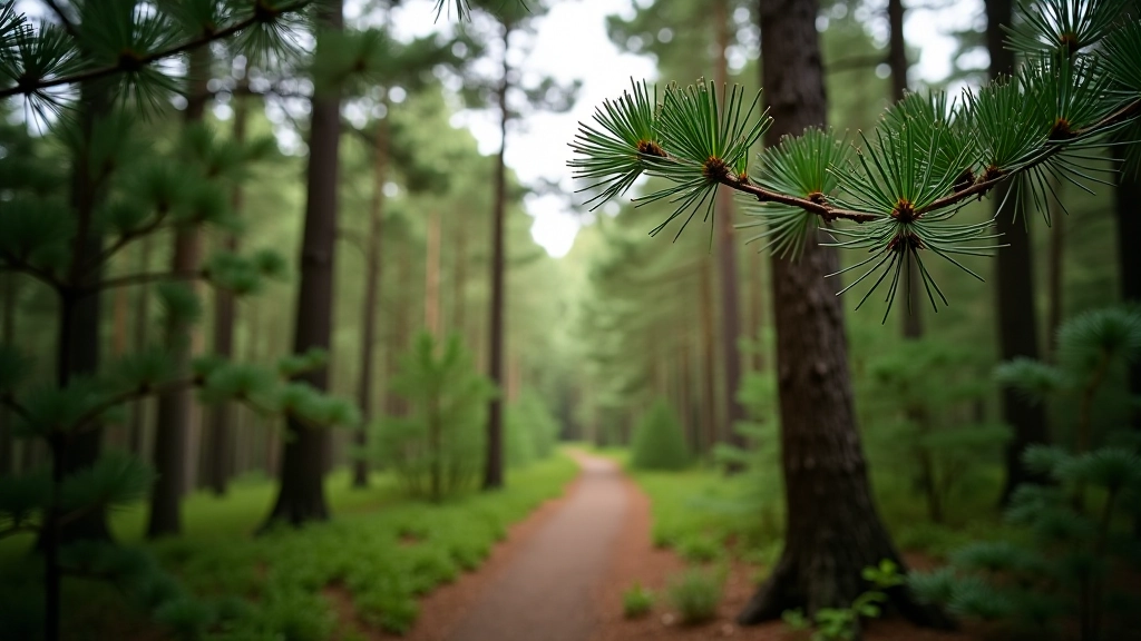 Pine forest canopy with natural light filtering through branches, showing texture of tree bark and needles