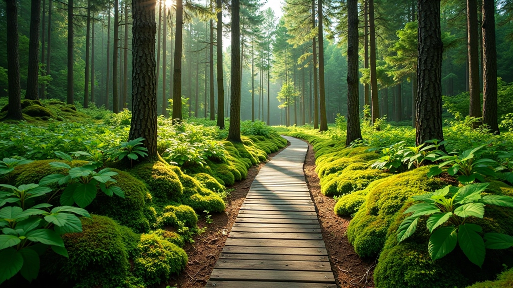 Close-up of forest flora and natural features along a boardwalk path