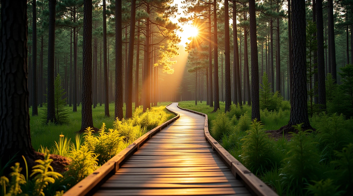 Peaceful wooden boardwalk winding through ancient pine forest with golden light filtering through tall trees