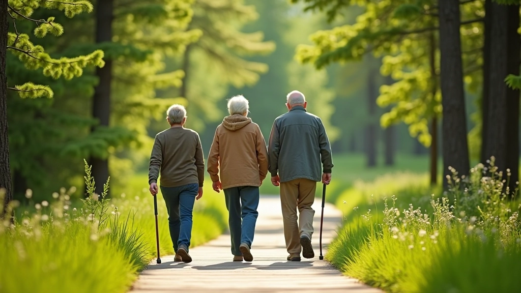 Group of active retirees enjoying outdoor wellness activity in forest setting