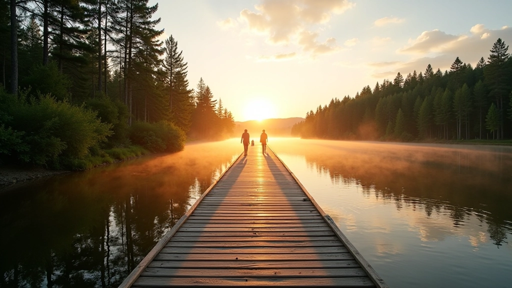 Wide angle view of pristine lake at golden hour, pine forest shoreline, calm water reflecting warm sunlight