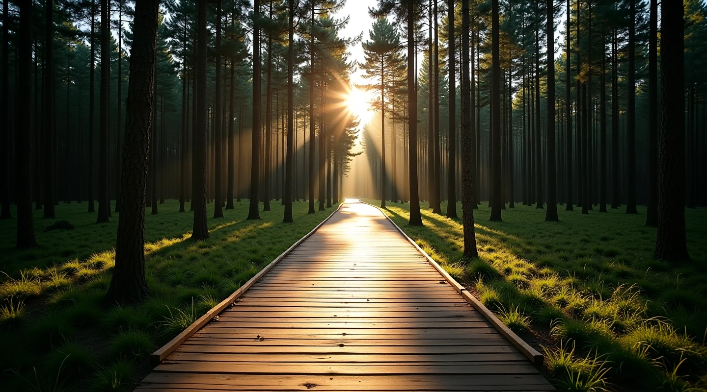 Wooden boardwalk pathway winding through serene pine forest with dappled sunlight filtering through dense green canopy