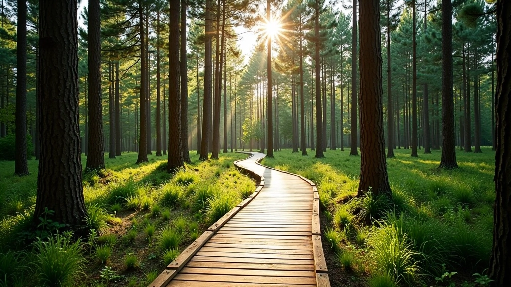 Guided forest boardwalk tour through pine forest with wooden railings