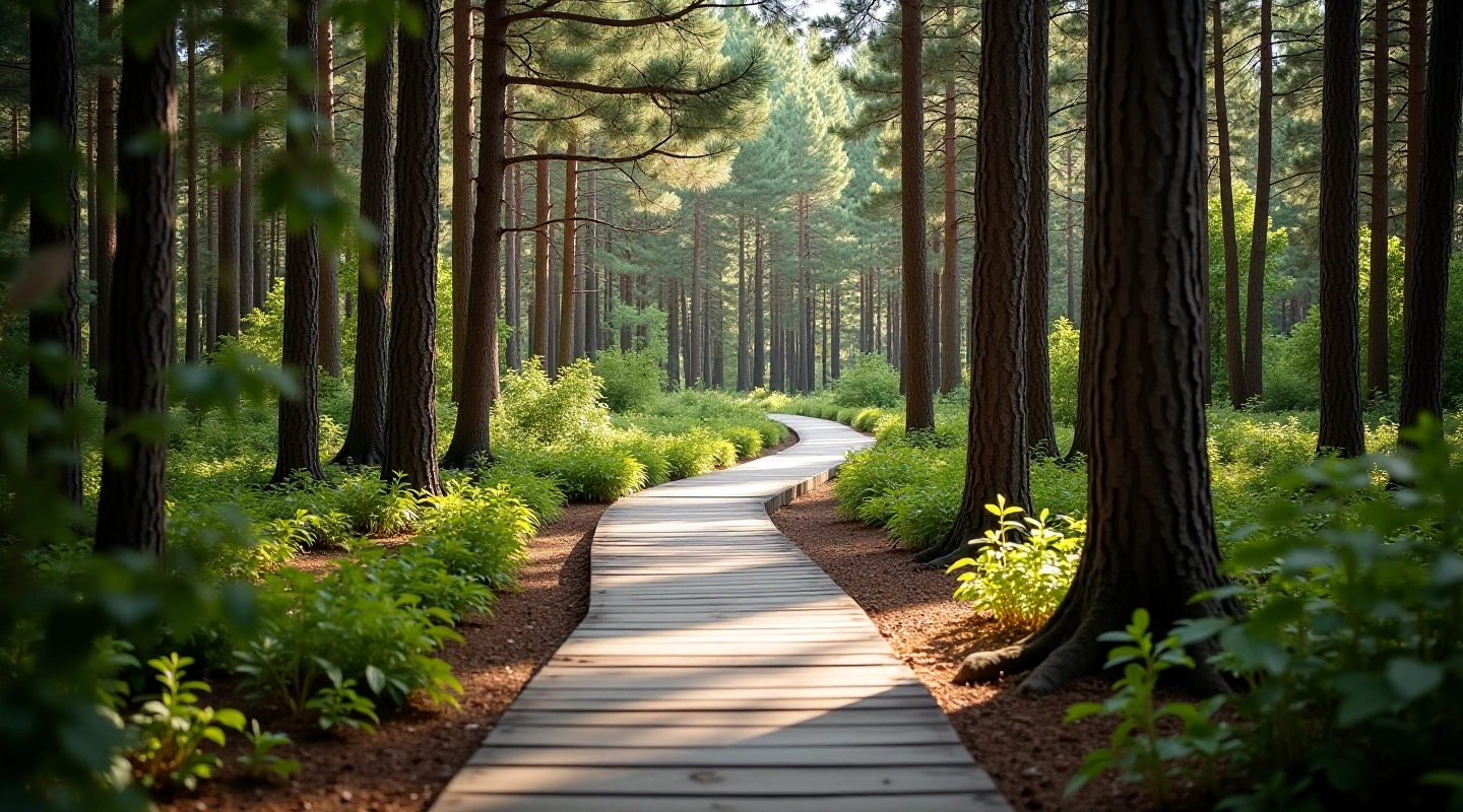 Wooden boardwalk pathway winding through dense pine forest with green vegetation on both sides