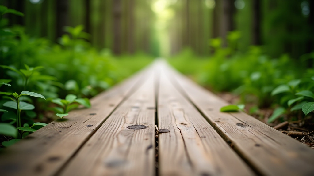 Close-up view of wooden boardwalk planks showing the treated surface texture with forest undergrowth on either side