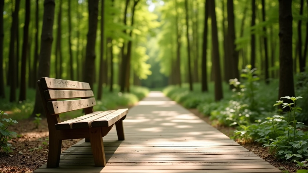 Wooden rest bench positioned along a forest trail with green surroundings and natural shade