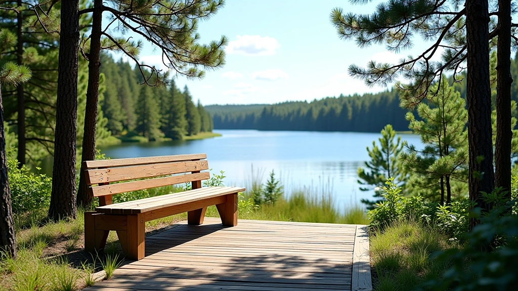 Wooden bench with view overlooking forest and lake, peaceful resting spot on boardwalk