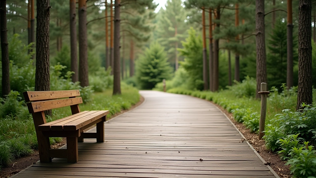 Wooden rest bench positioned along the boardwalk with a clear view into the pine forest, peaceful woodland setting